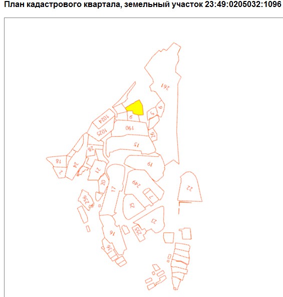 Желтым выделен застраиваемый участок 23:49:0205032:1096